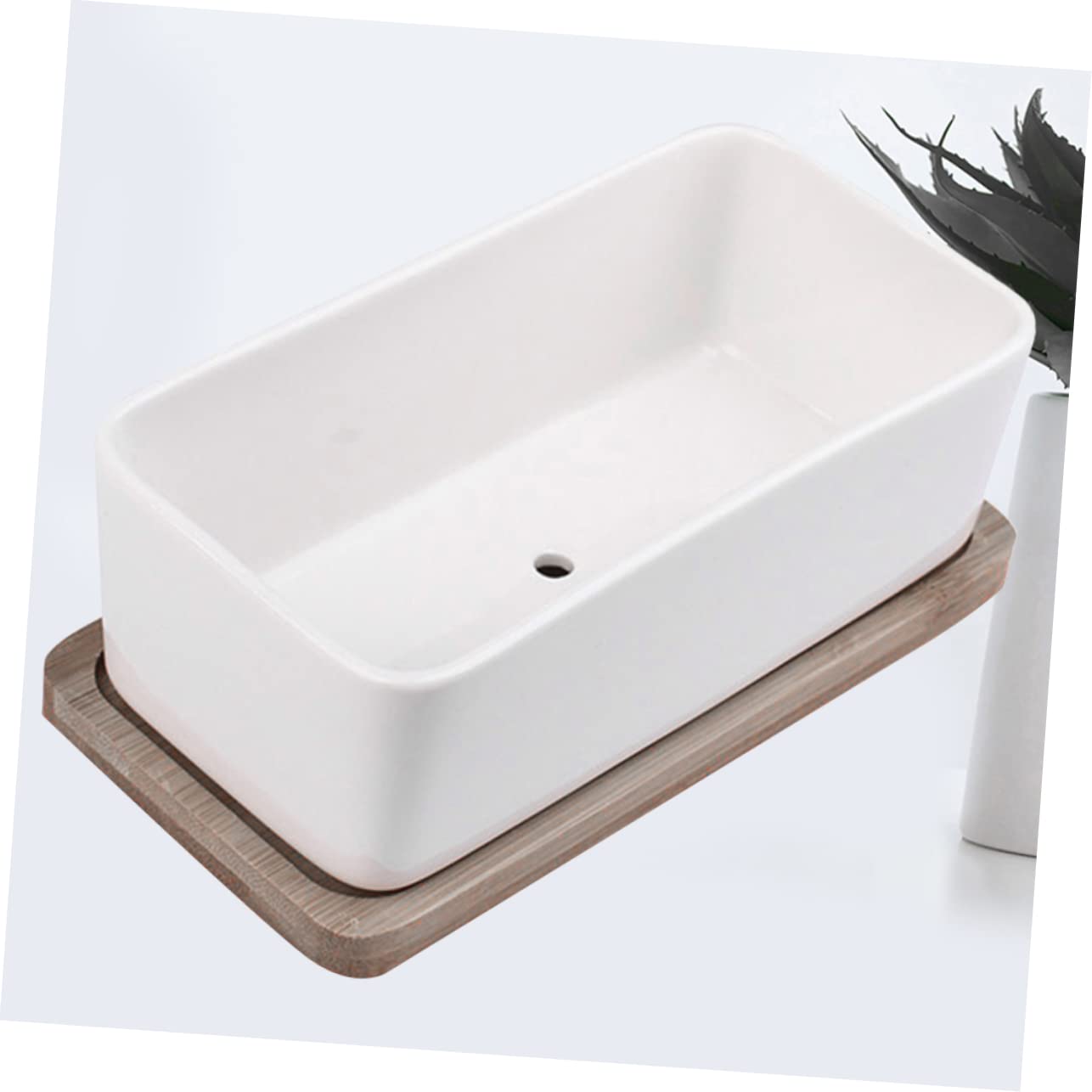Ceramic Oblong Flower Pot Set with Tray for Succulents and Bonsai