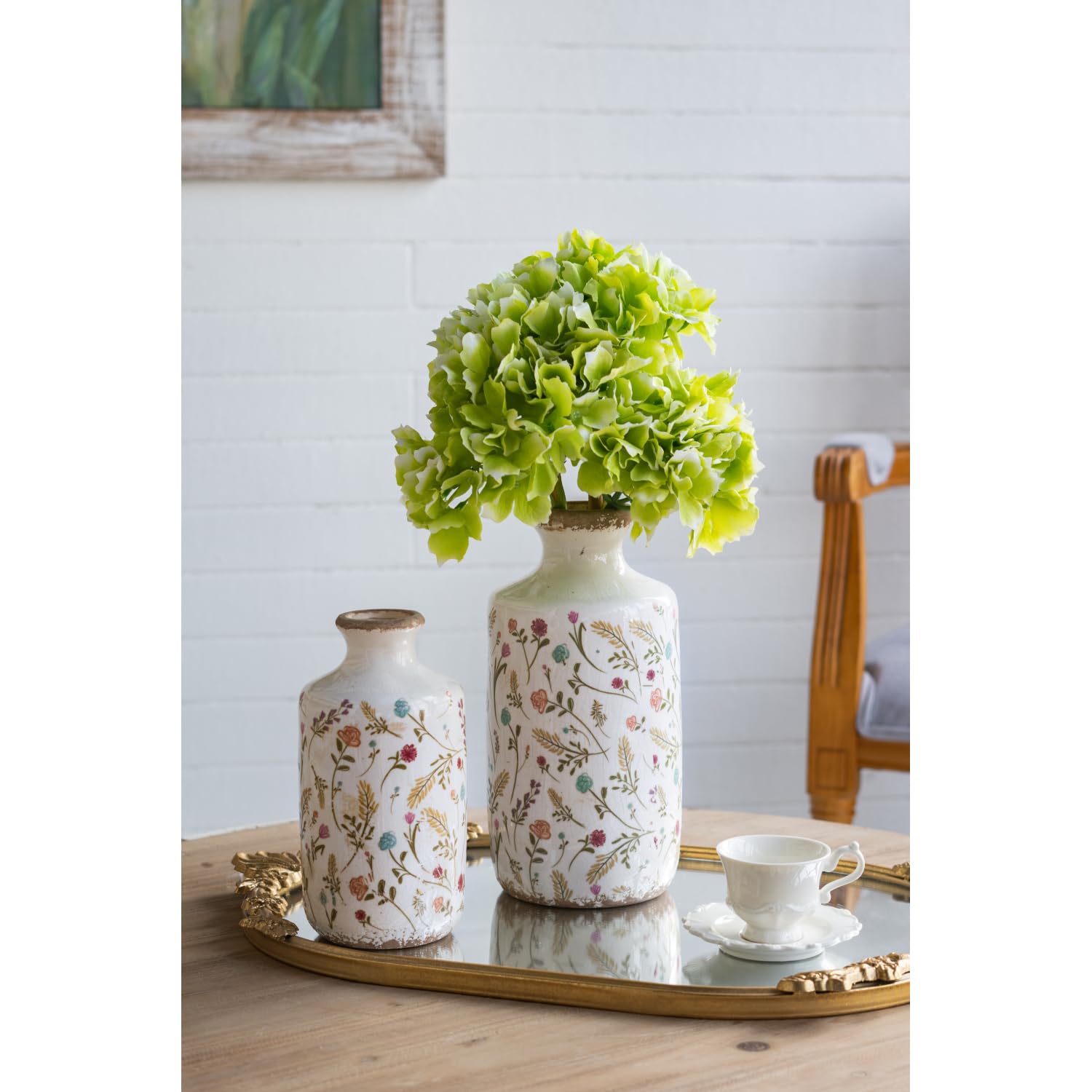 Ceramic Cylinder Vase with Multi-Colored Floral Motifs