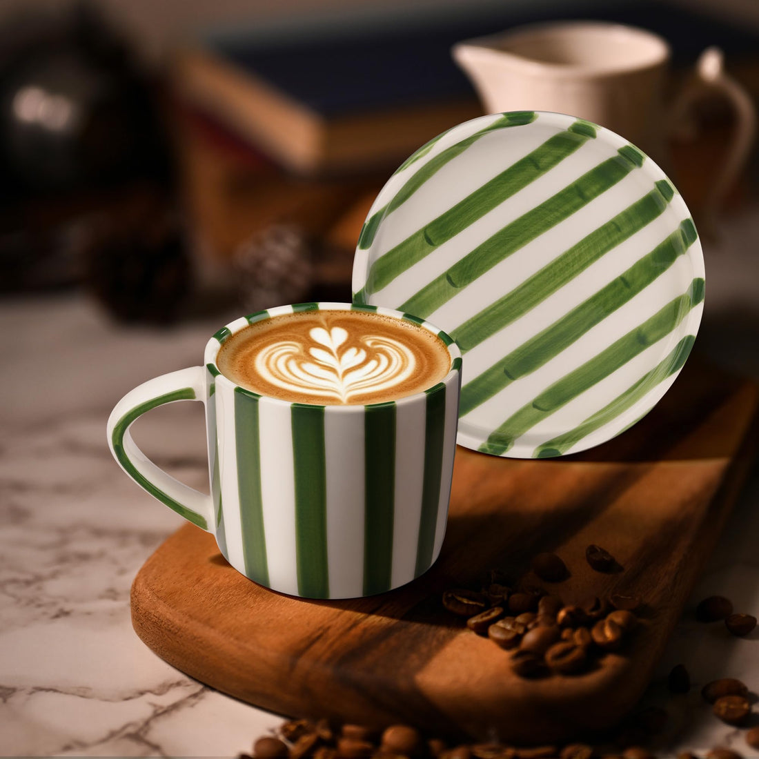 9-Ounce Hand-Painted Green Striped Espresso Cup and Saucer Set