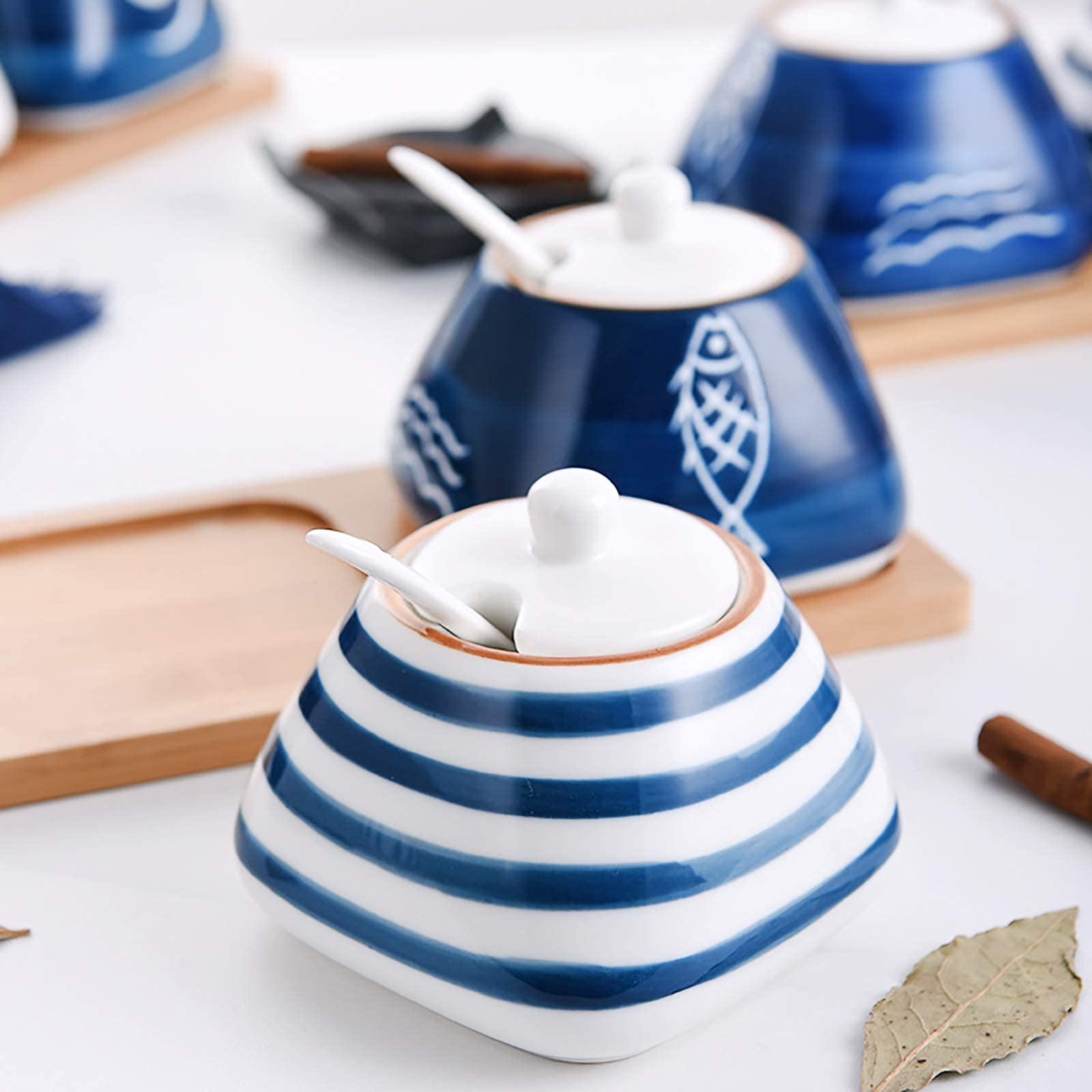 Ceramic Spice Jar Set with Bamboo Tray and Ceramic Spoons