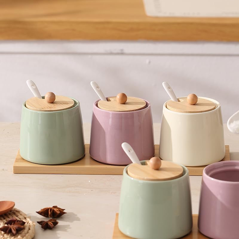 Ceramic Sugar, Salt, and Pepper Jar Set with Bamboo Tray and Spoons