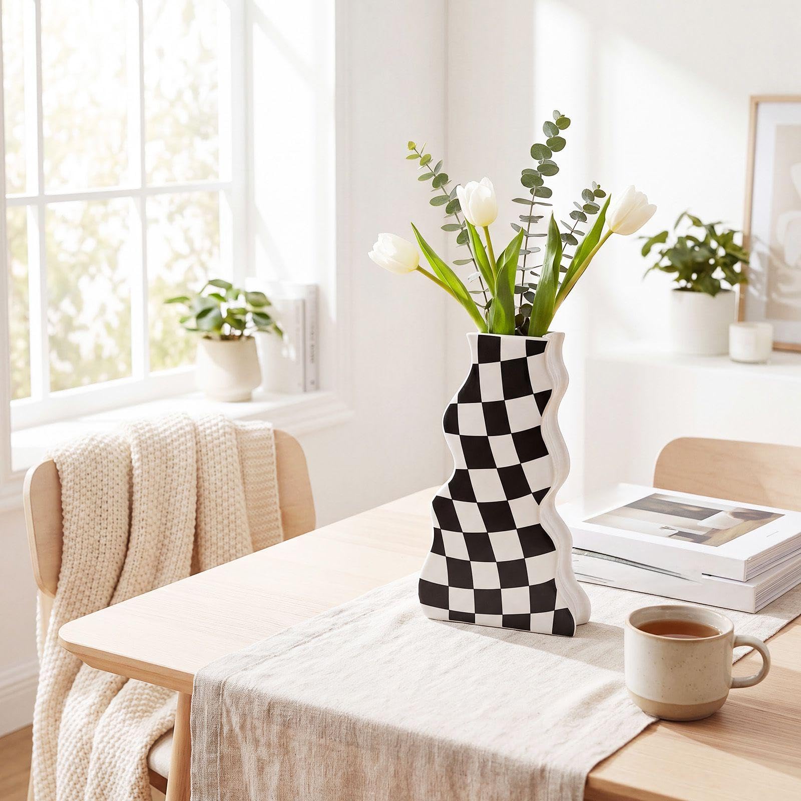 Black White Checkered Wavy Ceramic Decorative Vase for Wall or Tabletop