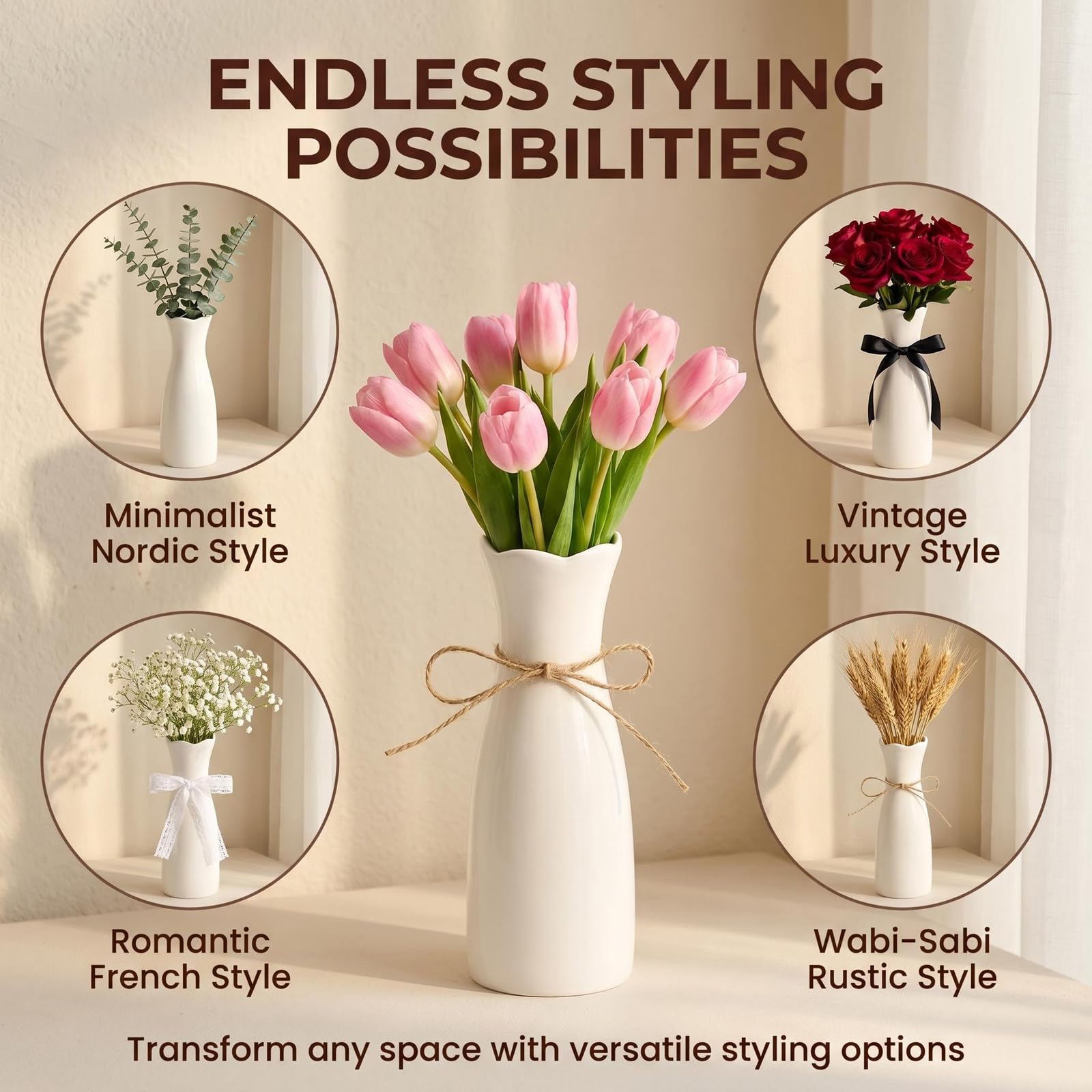 8.27-Inch White Ceramic Vase with Jute Rope and Scalloped Edge