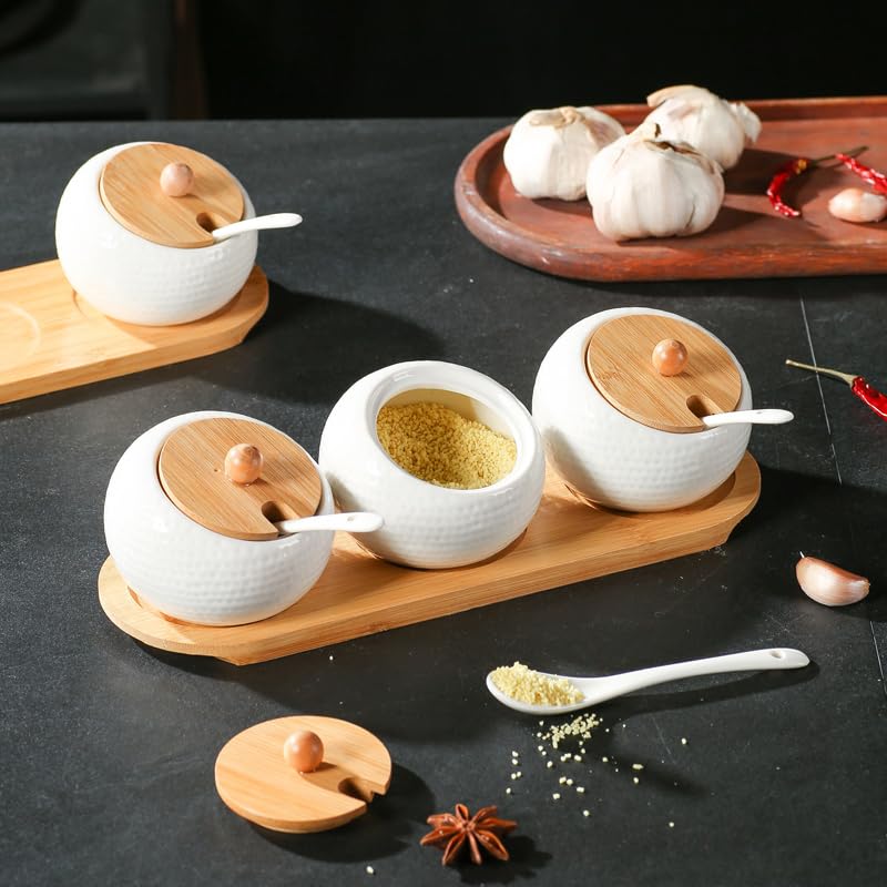 Ceramic Spice Jar Set with Bamboo Lids, Tray, and Ceramic Spoons