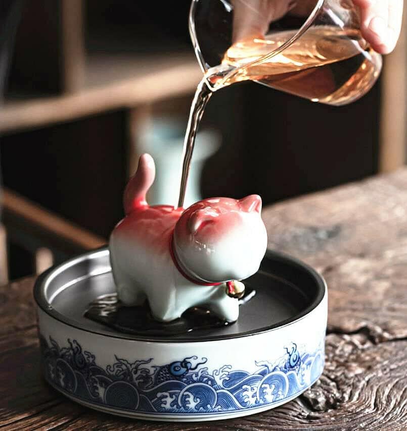 Ceramic Lucky Cat Tea Pet, Handmade Figurine for Tea Tray