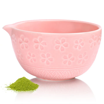 14oz Ceramic Matcha Bowl with Spout and Bamboo Whisk Stand