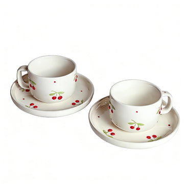 8-Ounce Cherry Pattern Ceramic Mug and Saucer Set