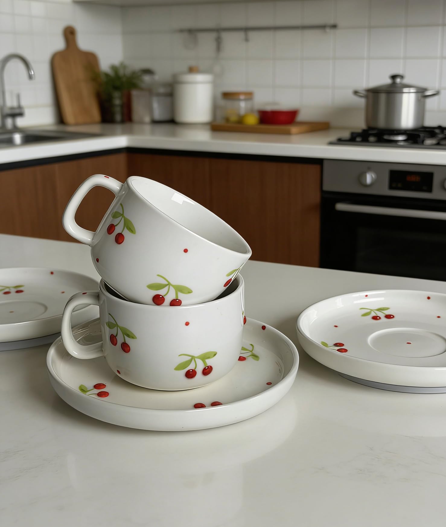 8-Ounce Cherry Pattern Ceramic Mug and Saucer Set