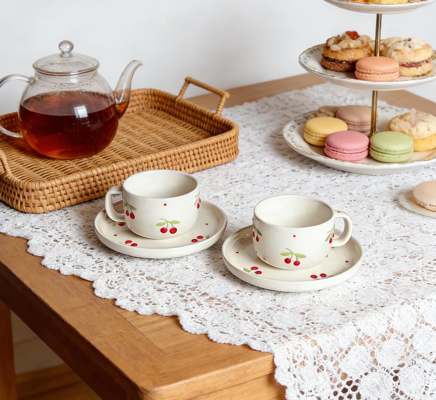 8-Ounce Cherry Pattern Ceramic Mug and Saucer Set