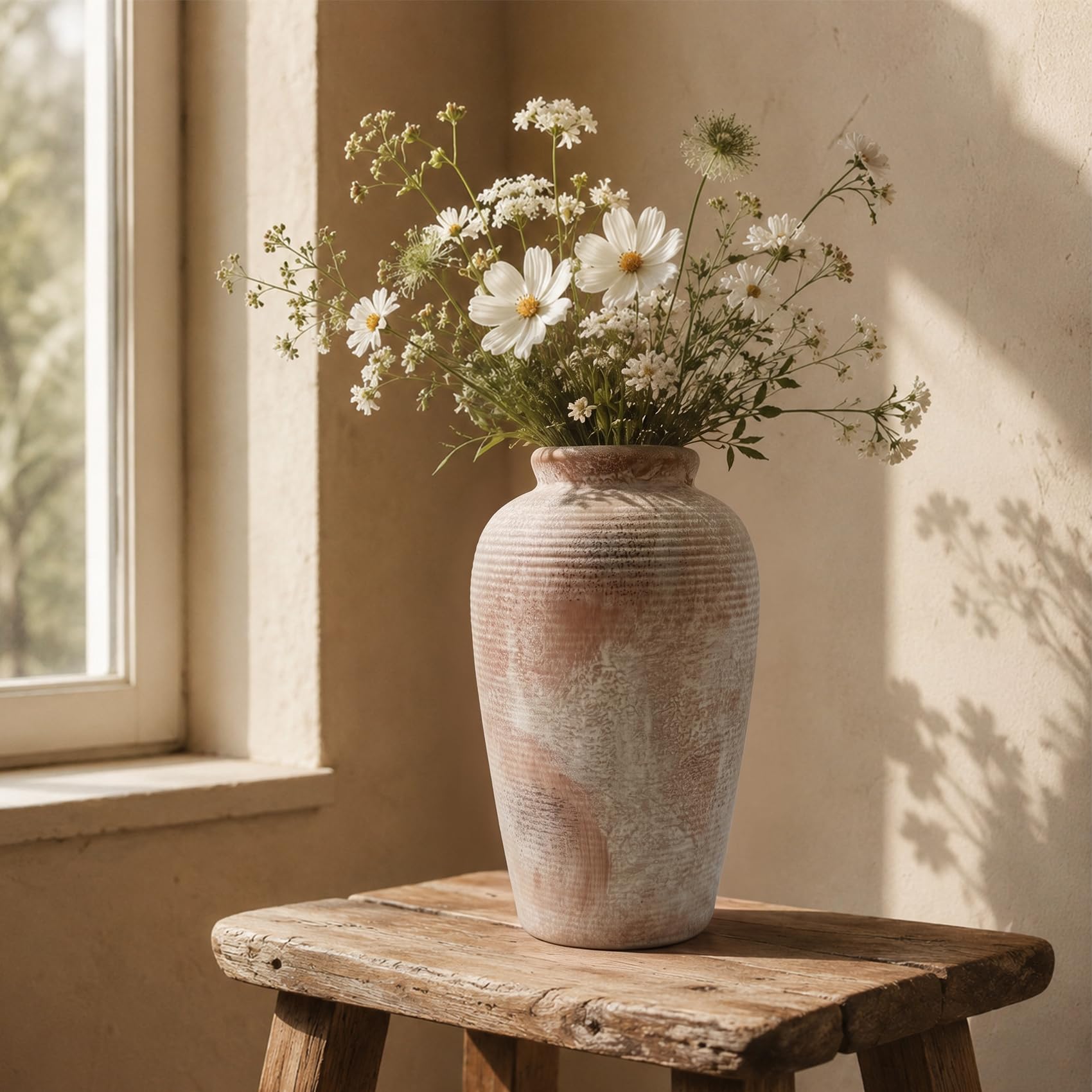 10.6-Inch Vintage Ribbed Ceramic Vase with Weathered Matte Finish