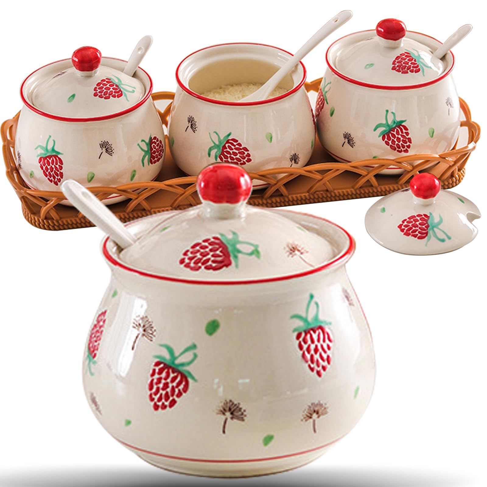 Japanese Style Ceramic Condiment Jar Set with Tray and Spoons
