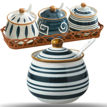 Japanese Style Ceramic Condiment Jar Set with Tray and Spoons