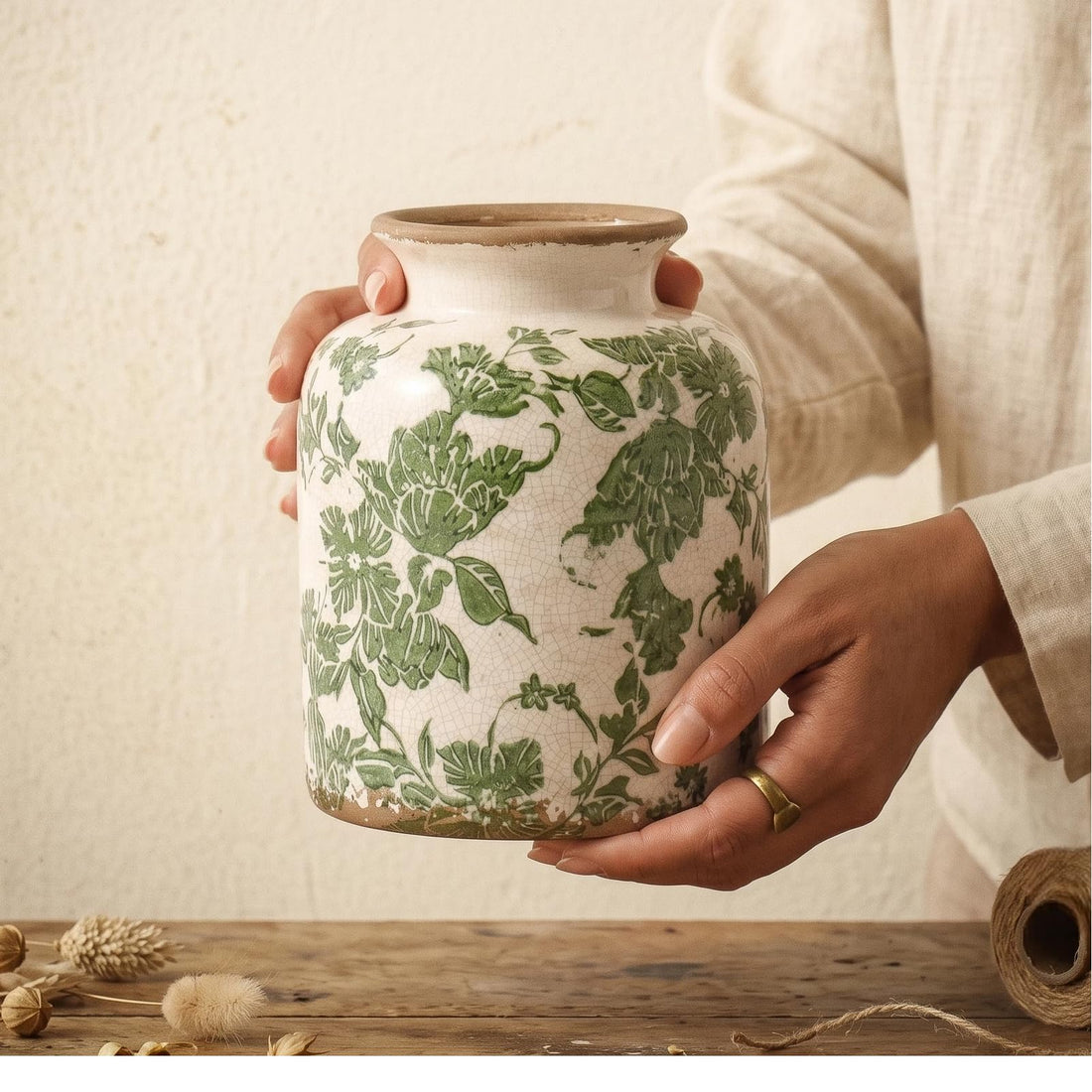 6.2-Inch Vintage Green Ceramic Vase with Tuscan Floral Scroll Design