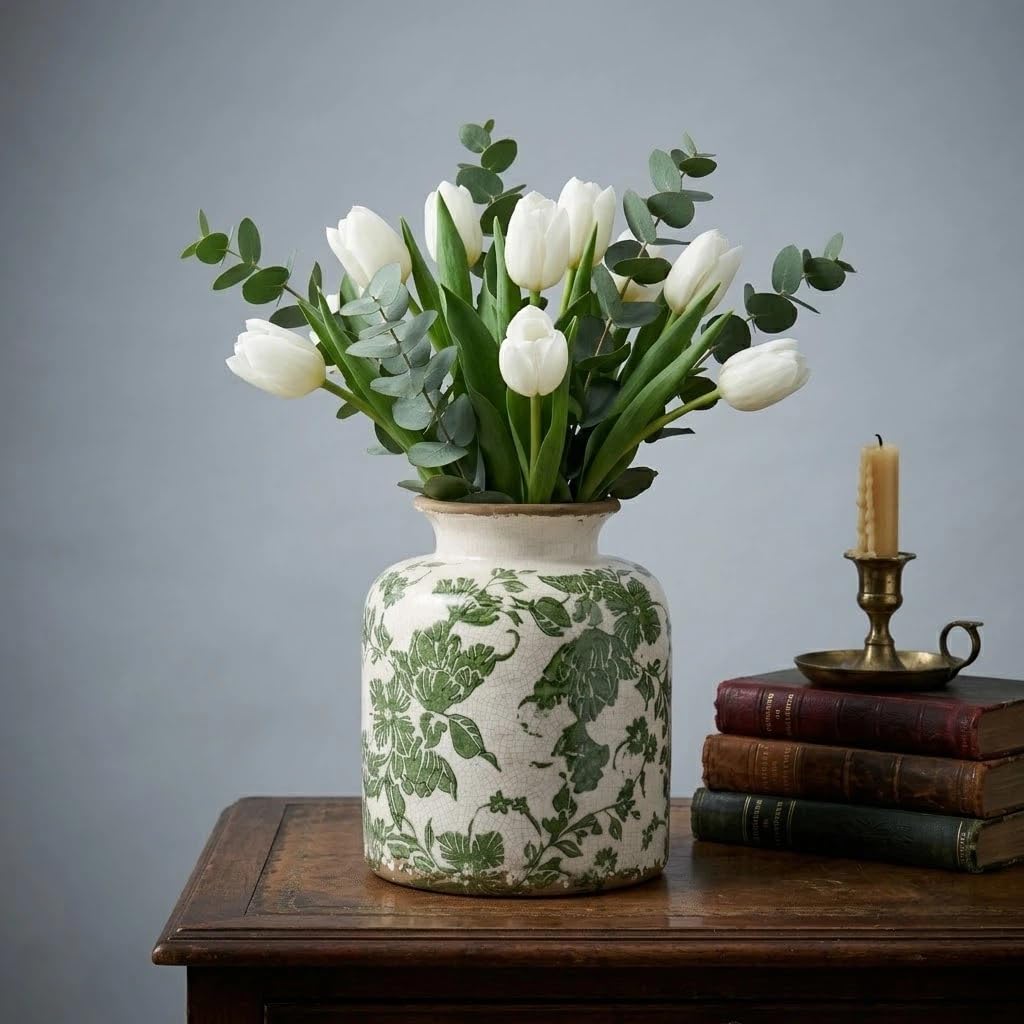 6.2-Inch Vintage Green Ceramic Vase with Tuscan Floral Scroll Design