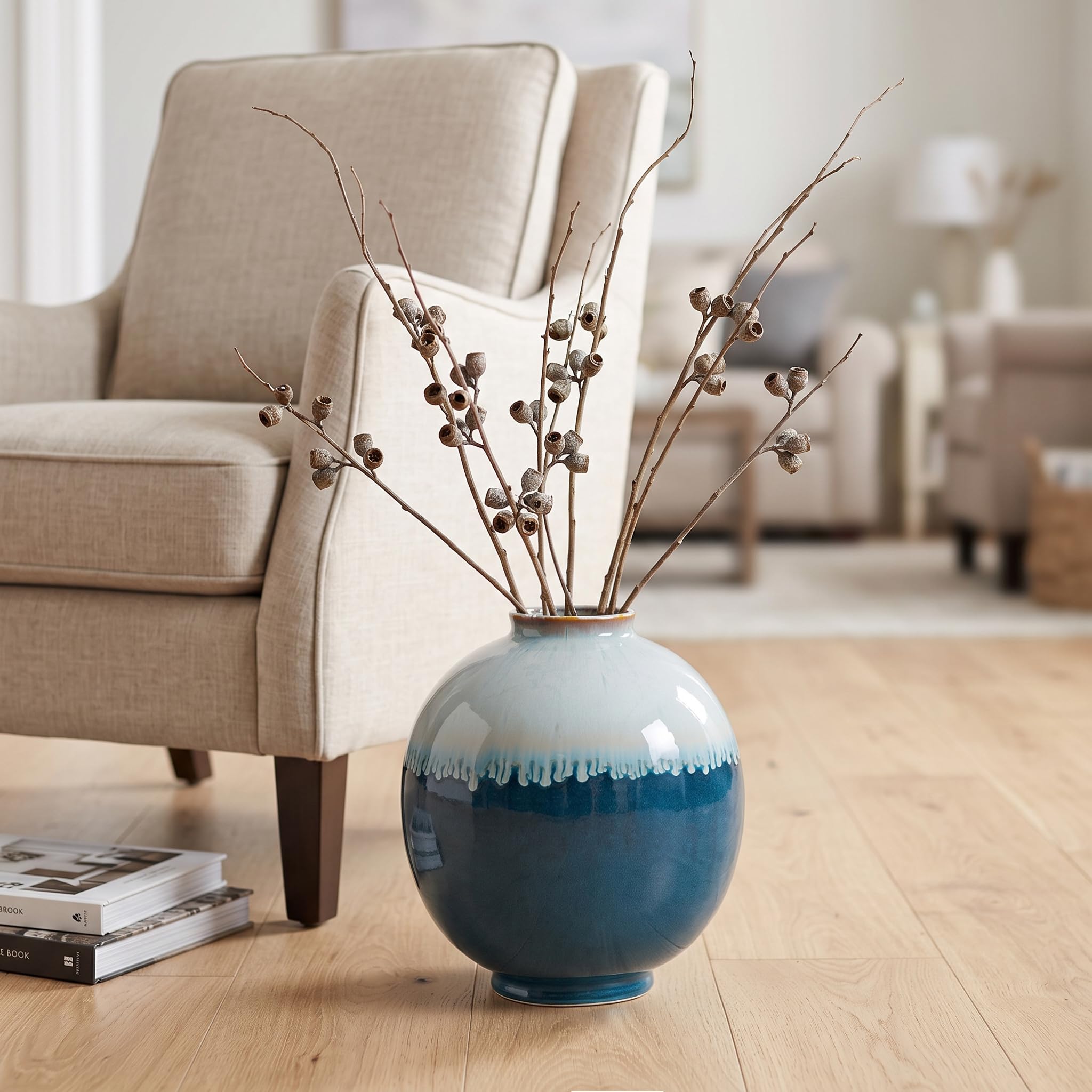 9.8-Inch Blue Reactive Glaze Ceramic Vase with Rounded Silhouette