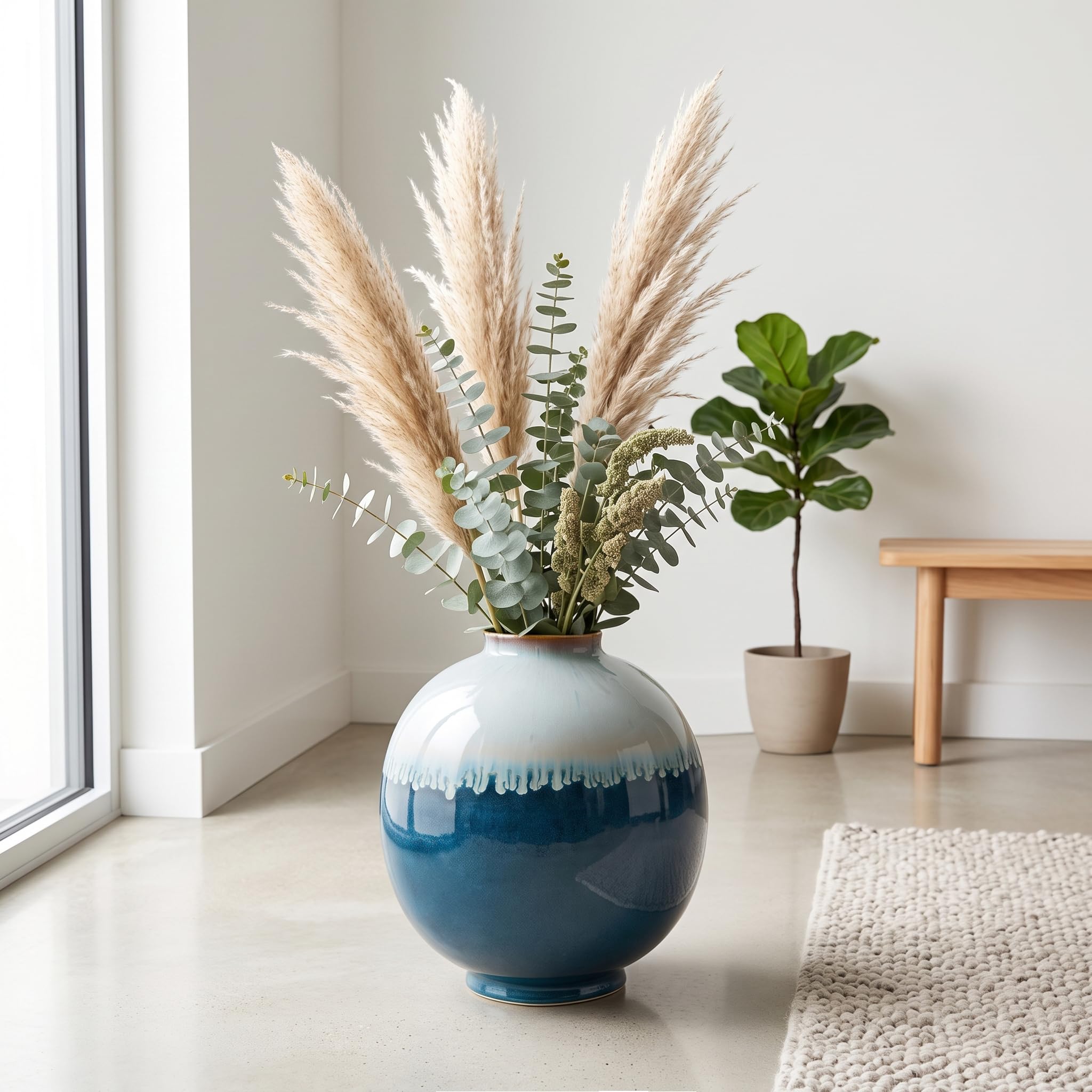 9.8-Inch Blue Reactive Glaze Ceramic Vase with Rounded Silhouette