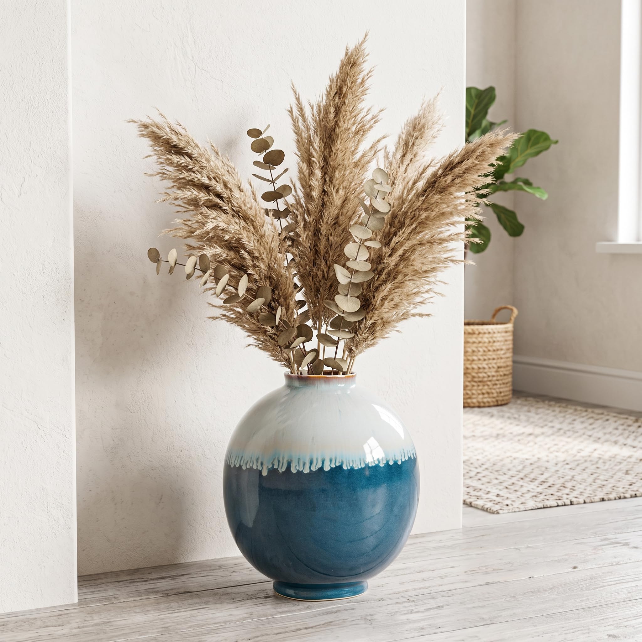 9.8-Inch Blue Reactive Glaze Ceramic Vase with Rounded Silhouette
