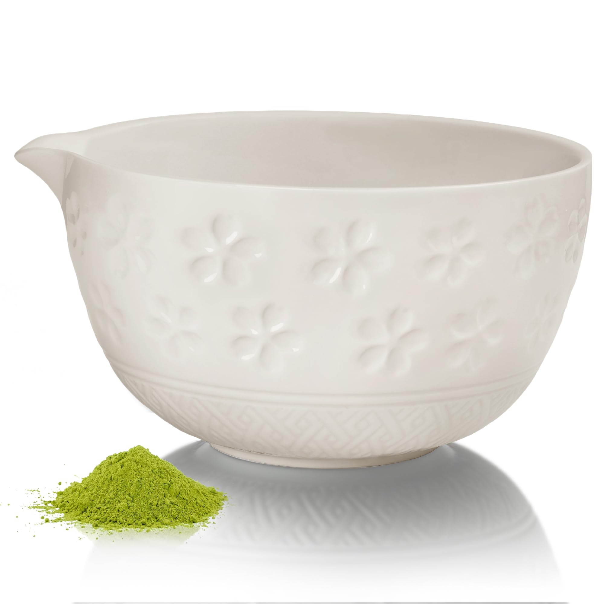 14oz Ceramic Matcha Bowl with Spout and Bamboo Whisk Stand