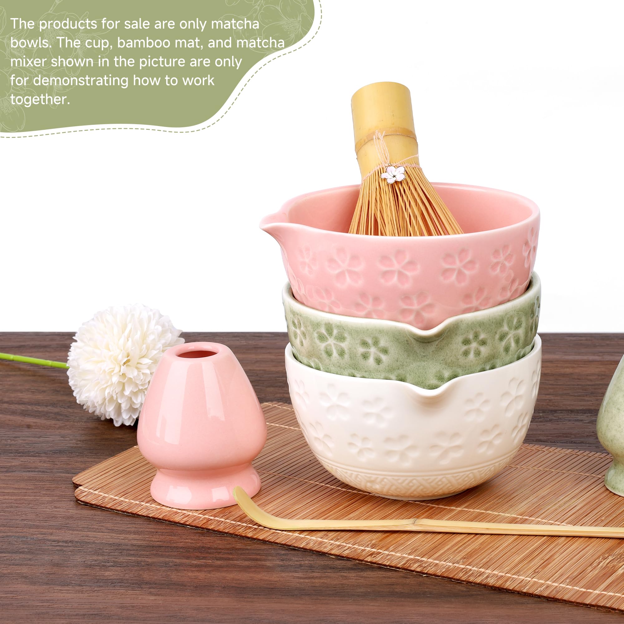 14oz Ceramic Matcha Bowl with Spout and Bamboo Whisk Stand