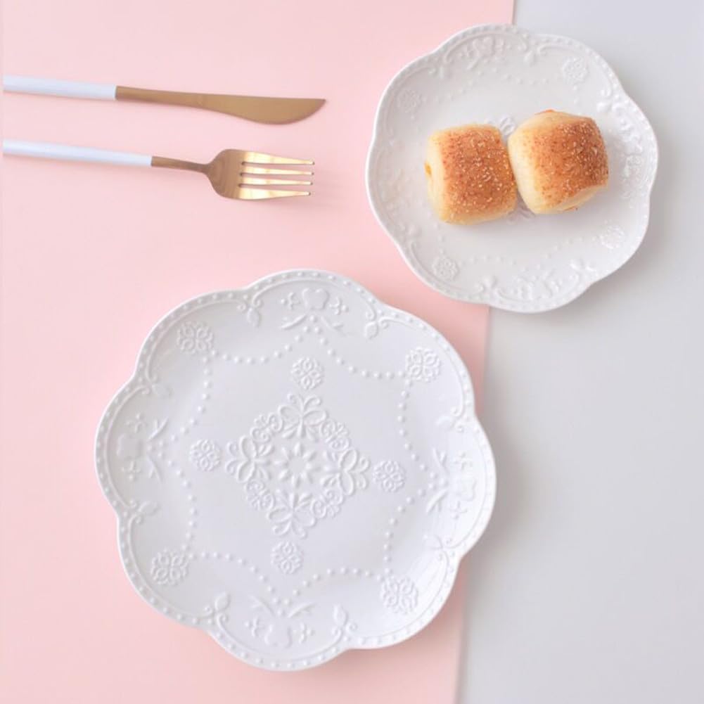 Elegant Round Embossed Lace Ceramic Serving Plate for Breakfast and Afternoon Tea
